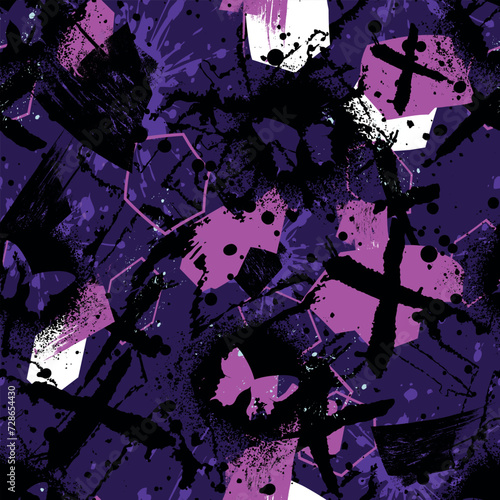 Abstract seamless chaotic pattern with urban geometric elements, scuffed, drops, sprays, triangles. Grunge neon texture background. Wallpaper for boys and girls