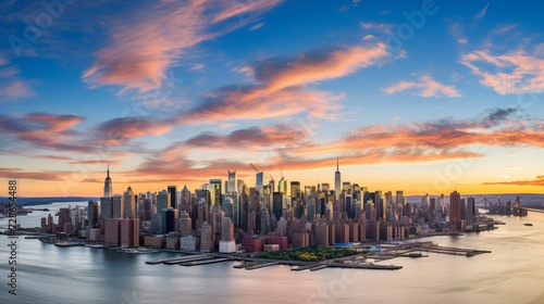 Aerial panorama of New York City skyline at sunset with both midtown and downtown Manhattan  © Afaq