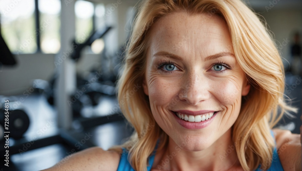 Close-up selfie of an athletic white woman with blonde hair in a gym, wearing a blue tank top. Close-up selfie of an athletic white woman with blonde hair in a gym, wearing a blue tank top.