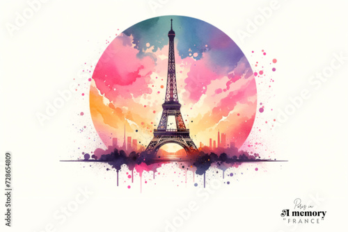 Paris, France: A minimalist watercolour image featuring the silhouette of the Eiffel Tower against a pastel sky, embodying the essence of Paris in a few elegant strokes.