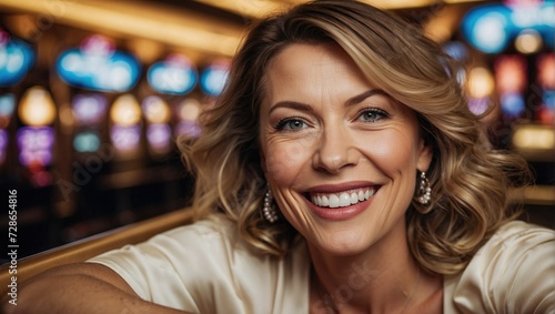 Close-up selfie of an elegant white woman with wavy hair smiling in a casino environment.