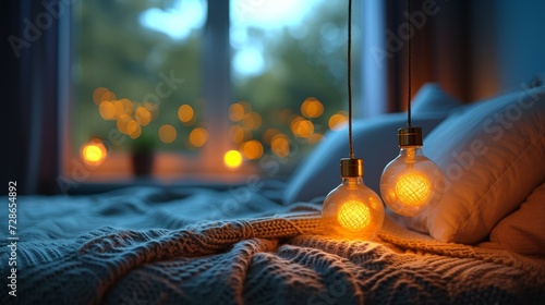 Nighttime bedroom with knitted plaid on bed and glowing lamps
