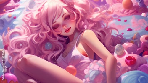 Anime girl with pink hair and a smile photo
