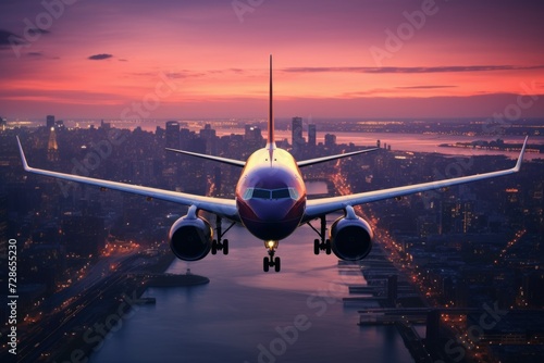 Airplane in flight over cityscape during vibrant sunset