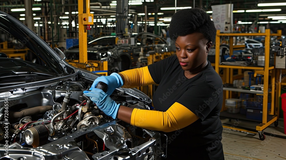 Amidst the mechanical rhythm of the assembly line, skilled women meticulously craft each automobile, showcasing their expertise and precision in automotive manufacturing. Amidst the mechanical rhythm of the assembly line, skilled women meticulously craft each automobile, showcasing their expertise and precision in automotive manufacturing.
