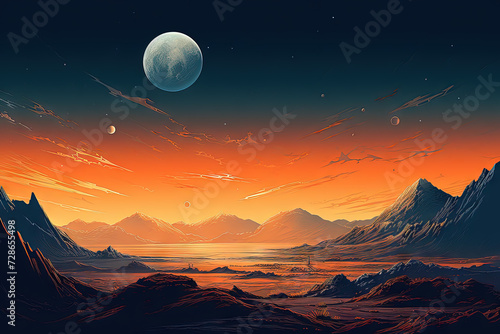 Alien planet landscape with mountains and moon over horizon in retro style