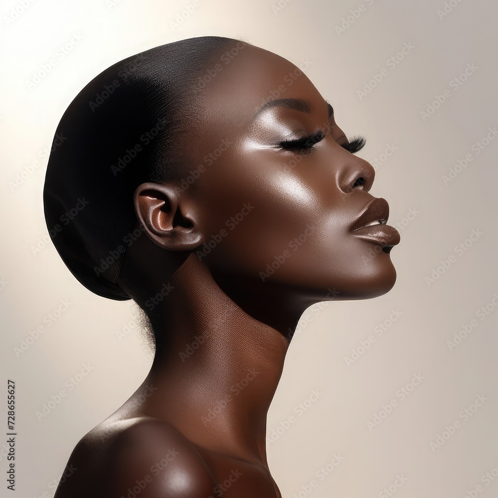 Beautiful dark skin fashion model dressed light tones, profile portrait, lips - closed, studio lighting, Beautiful dark skin fashion model dressed light tones, profile portrait, lips - closed, studio lighting,