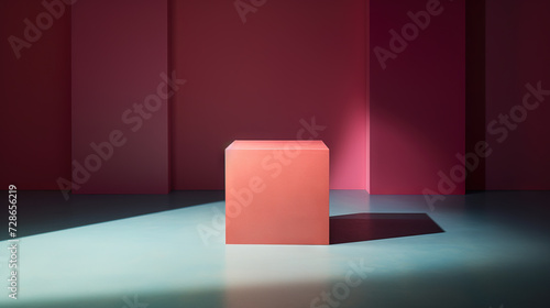 Pedestal in colorful room with shadows on the wall. Rich colored podium scene for product display © swillklitch