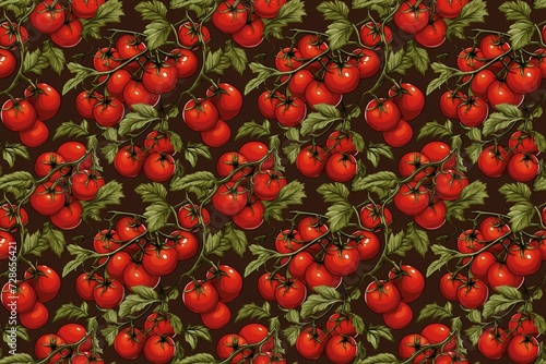 Seamless pattern of ripe red tomatoes on the vine with green leaves on a dark background