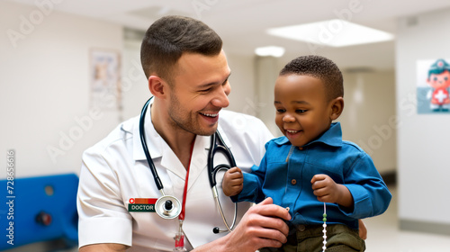 African american ethnicity toddler boy enjoys a playful with a male doctor during a routine health checkup in a modern pediatric clinic. Child healthcare, baby wellness concept. Copy space. Banner photo