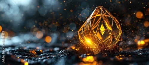 EOS cryptocurrency symbol illuminated by dark matter splash. 3D rendered backdrop. Implying currency growth.