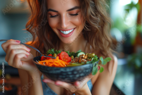 Woman eating healthy food, salad, salmon