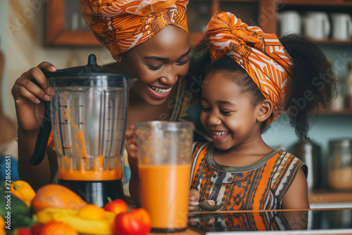 Happy African family having fun in modern kitchen preparing orange juice with fresh vegetables