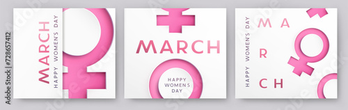 Women's Day greeting cards or banners set with woman 3d pink cutout paper female symbols. Vector 8 March international holiday templates for poster, cover, label, sales