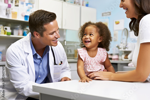 Mother, baby girl and smiling man doctor pediatrician on a healthcare consulting. Doctor, happy infant kid in bright modern clinic, hospital and medical analysis. Child wellness concept