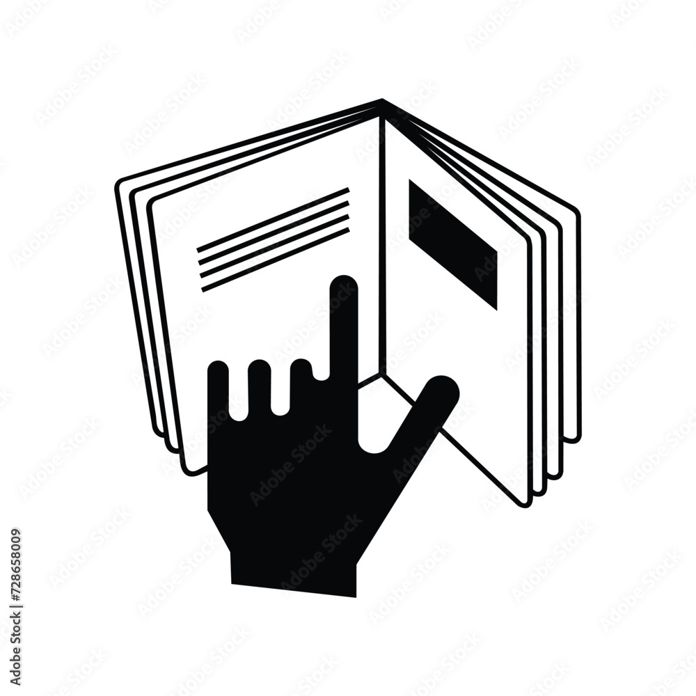 Refer to insert cosmetics symbol , a hand pointing at a book icon , vector illustration Refer to insert cosmetics symbol , a hand pointing at a book icon , vector illustration