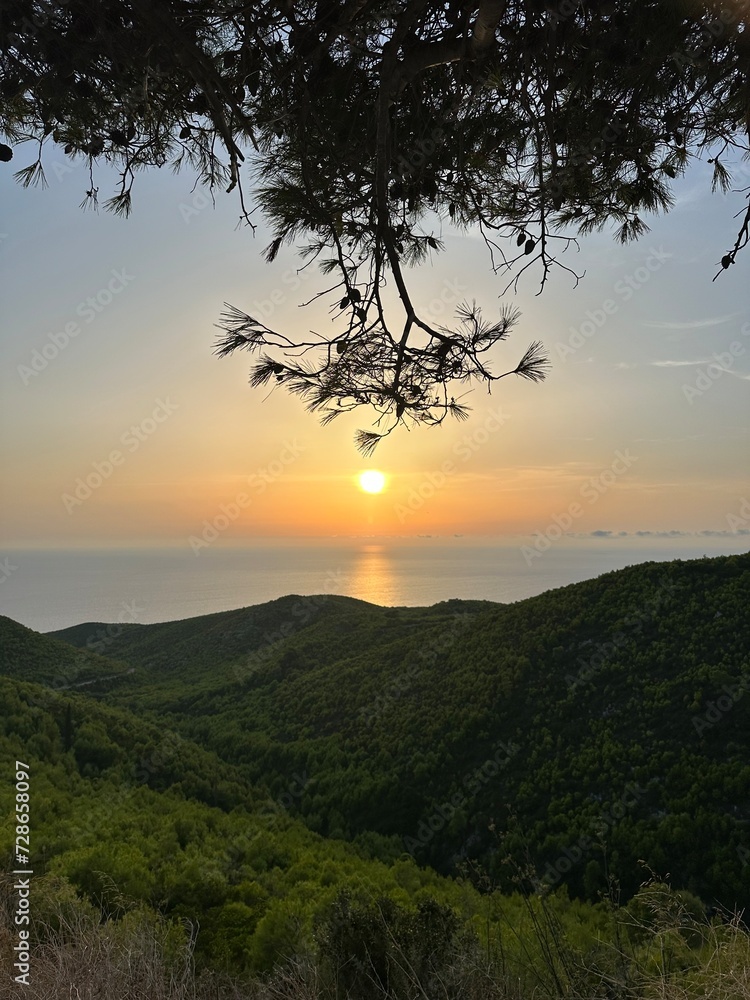 Obraz premium Mediterranean sunset from the Agalas viewpoint. Sitting and watching sunset in Zakynthos, Greece. Sunset pine trees, olive groves and sea view on a greek island.