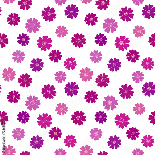 Many small bright pink violet fowers on transparent background.  Seamless pattern with flowers. Flower with six petals. Design in retro style for girls. Vector illustration for paper, textile, cards. © Aqvatali