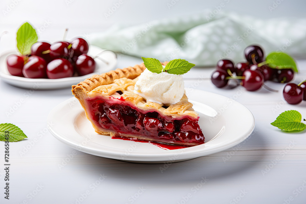 Delicious Slice of Cherry Pie on a White Kitchen Counter Delicious Slice of Cherry Pie on a White Kitchen Counter