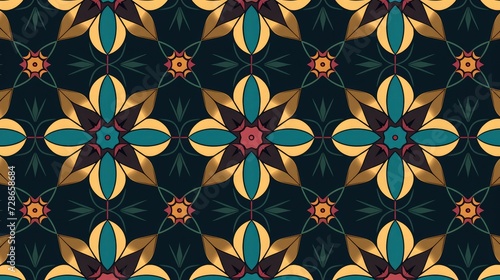 Geometric seamless pattern  in the style of dark aquamarine and dark amber  orientalist imagery  