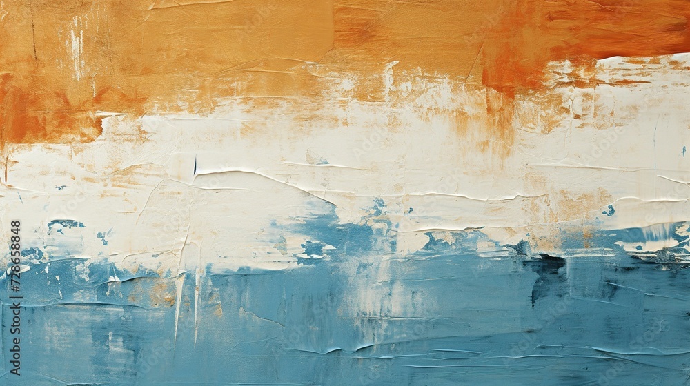 an abstract painting with orange, blue and white paint