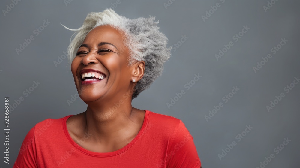 Happy edgy older black woman with white hair in a red tshirt over grey background, 