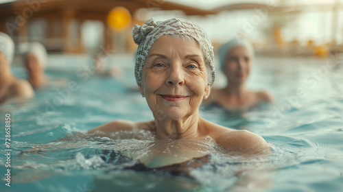 Porträt einer lächelnden älteren Frau, die sich im Schwimmbad eines Wellnesscenters entspannt.  © NHDesign