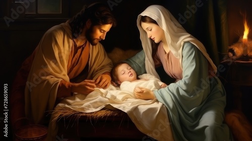 Holy family with baby jesus in the crib in style of raffael baroque painting, photo