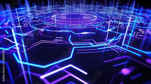 an abstract blue futuristic electronic circuit with circular pattern in motion