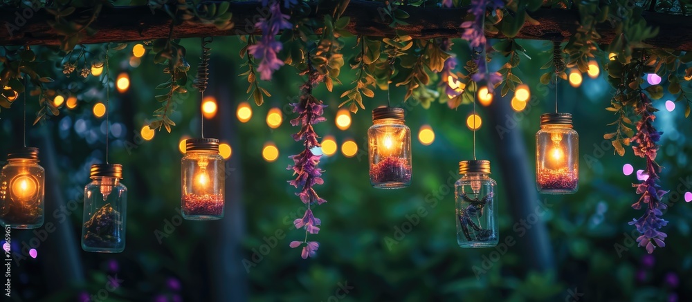 Fairy lights decorated dangling jars on vines above.