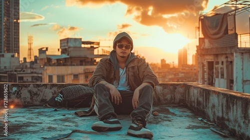 Filipino man, wearing street clothes, beanie and sunglasses, sitting on an old couch, wearing sneakers, in an old sandy loft in Manila, golden hour