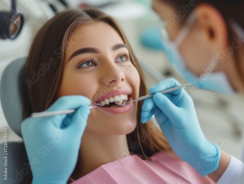 Photo of a young girl with a snow-white smile at a dentist appointment. Girl on the dental chair. A girl with a beautiful smile at a dentist appointment.