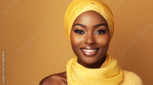 Light yellow background, beautiful South African girl with corners of mouth turned up © Thuch