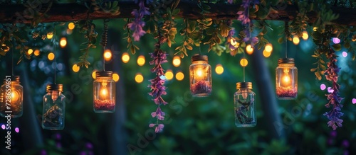 Fairy lights decorated dangling jars on vines above.