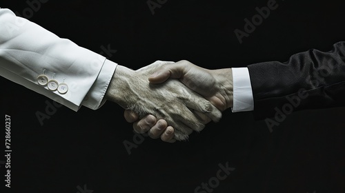 Lion and human handshake. in one hand is a white lion in human form, wearing a white jacket and white shirt.