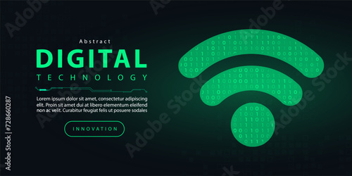 Technology wireless Wi-Fi digital futuristic internet network connection dark black background, green abstract cyber information communication, Ai big data science, innovation future tech illustration