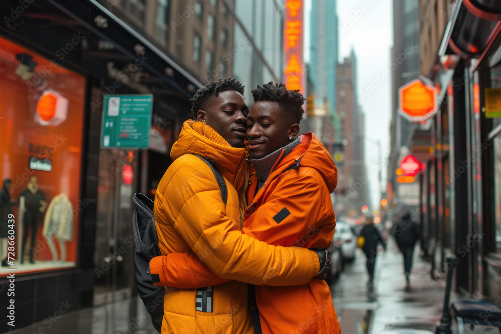 Loving African American Male Same-Sex Couple Embracing in City