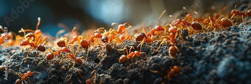 red army ants on dirt in their colony photo