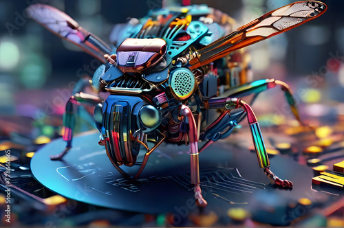 A bug made of electronic components, eating computer components, with sparks and led lights photo