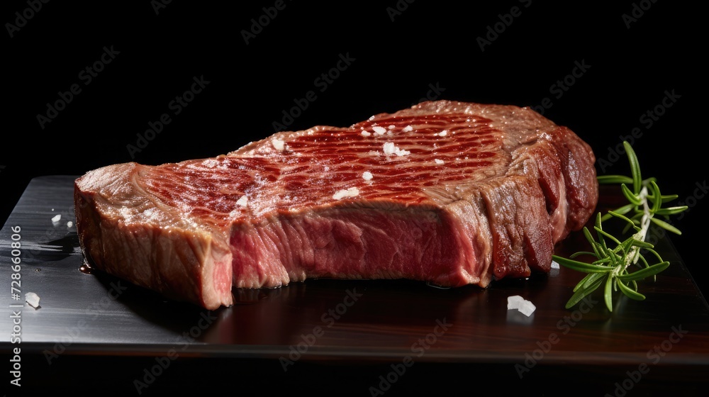 Thin sliced rib eye steak, 3/4 view, black background Thin sliced rib eye steak, 3/4 view, black background