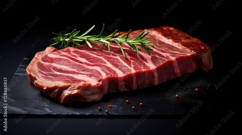 Thin sliced rib eye steak, 3/4 view, black background