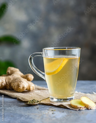 Ginger tea in a glass cup with fresh ginger root on a blurred background