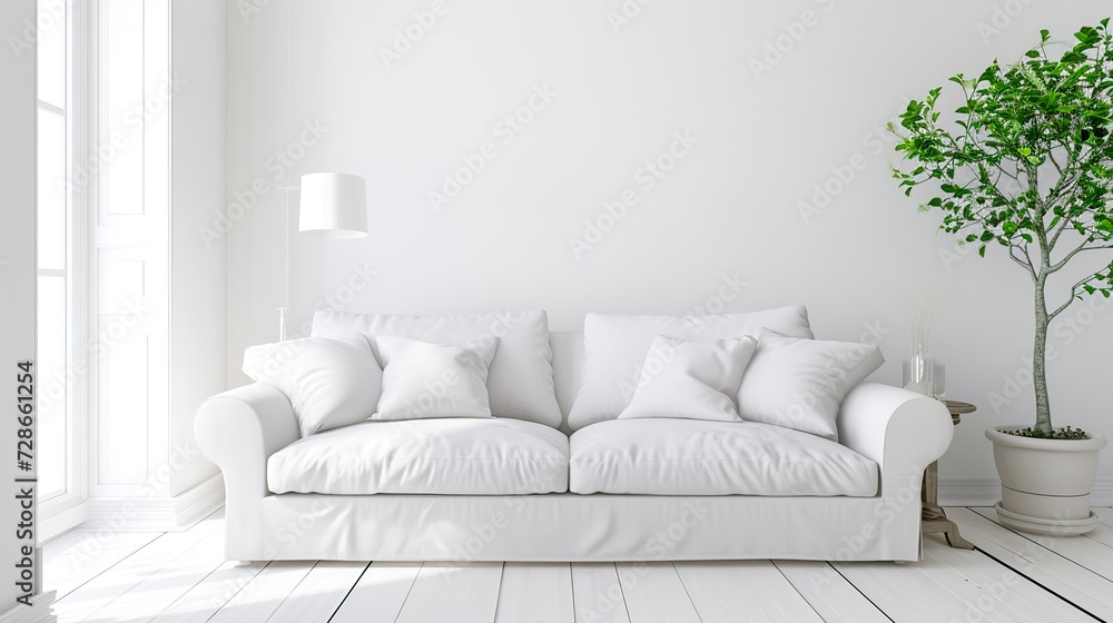 Contemporary Living Space, Stylish White Sofa and Plant Design Contemporary Living Space, Stylish White Sofa and Plant Design