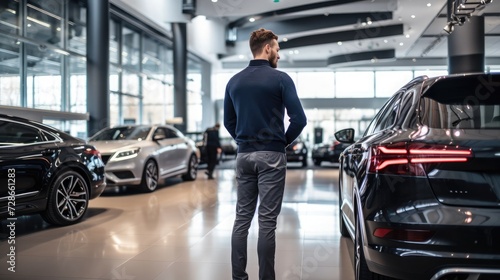Man going to auto showroom examines cars to buy cars © Thuch