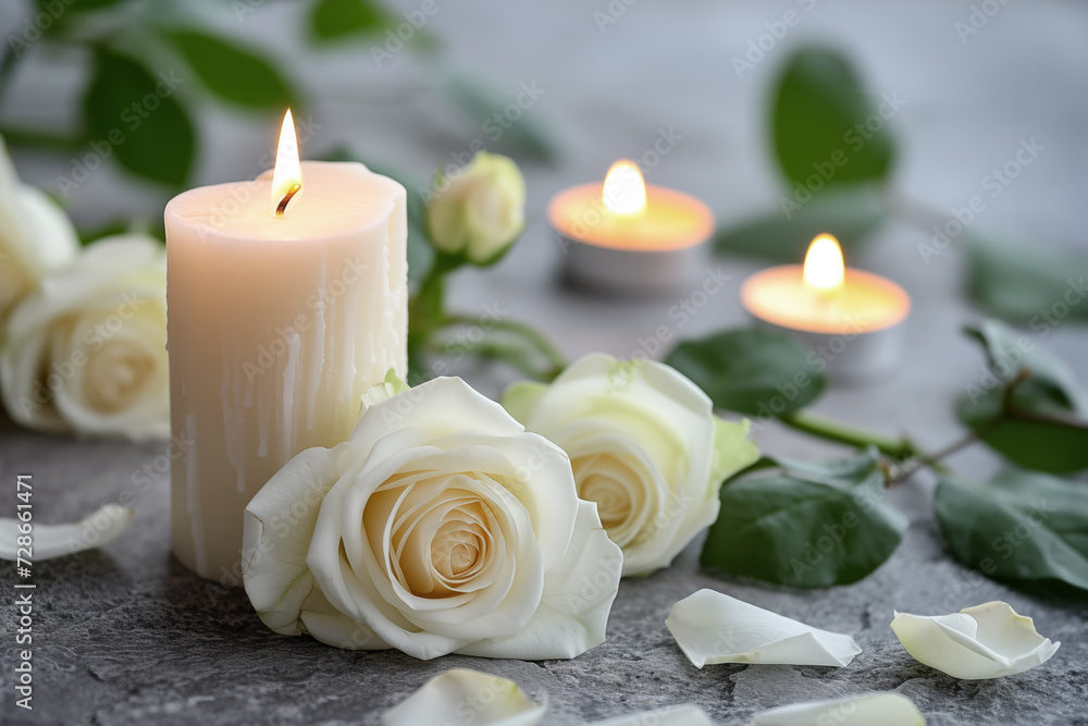 White candles with roses and flowers petals, funeral memrial, sympathy and condolences card, death notice - obrazy, fototapety, plakaty 