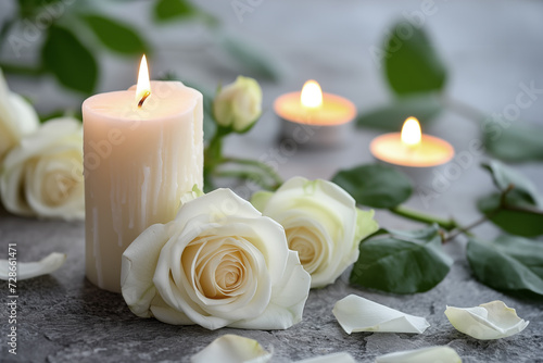 White candles with roses and flowers petals, funeral memrial, sympathy and condolences card, death notice photo