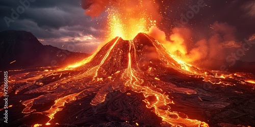 Photo Volcano erupting with hot molten lava