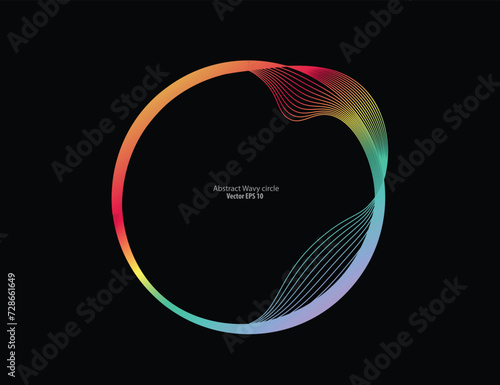 Vector abstract circles lines wavy in round frame colorful light rainbow isolated on black background with empty space for text