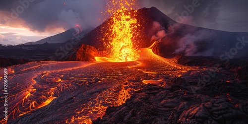 Volcano erupting with hot molten lava