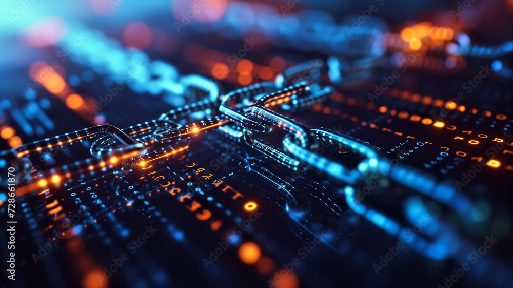 Fototapeta premium close up of electronic circuit board, background with chains, how blockchain enables smart contracts, transparent blocks connected by chains with digital codes inscribed in each
